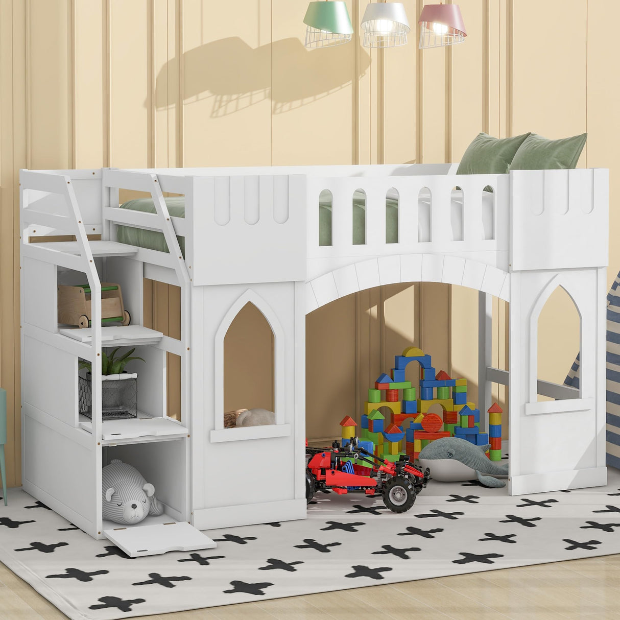 Harper & Bright Designs White Twin Low Loft Bed with Storage Staircase and Windows Harper & Bright Designs