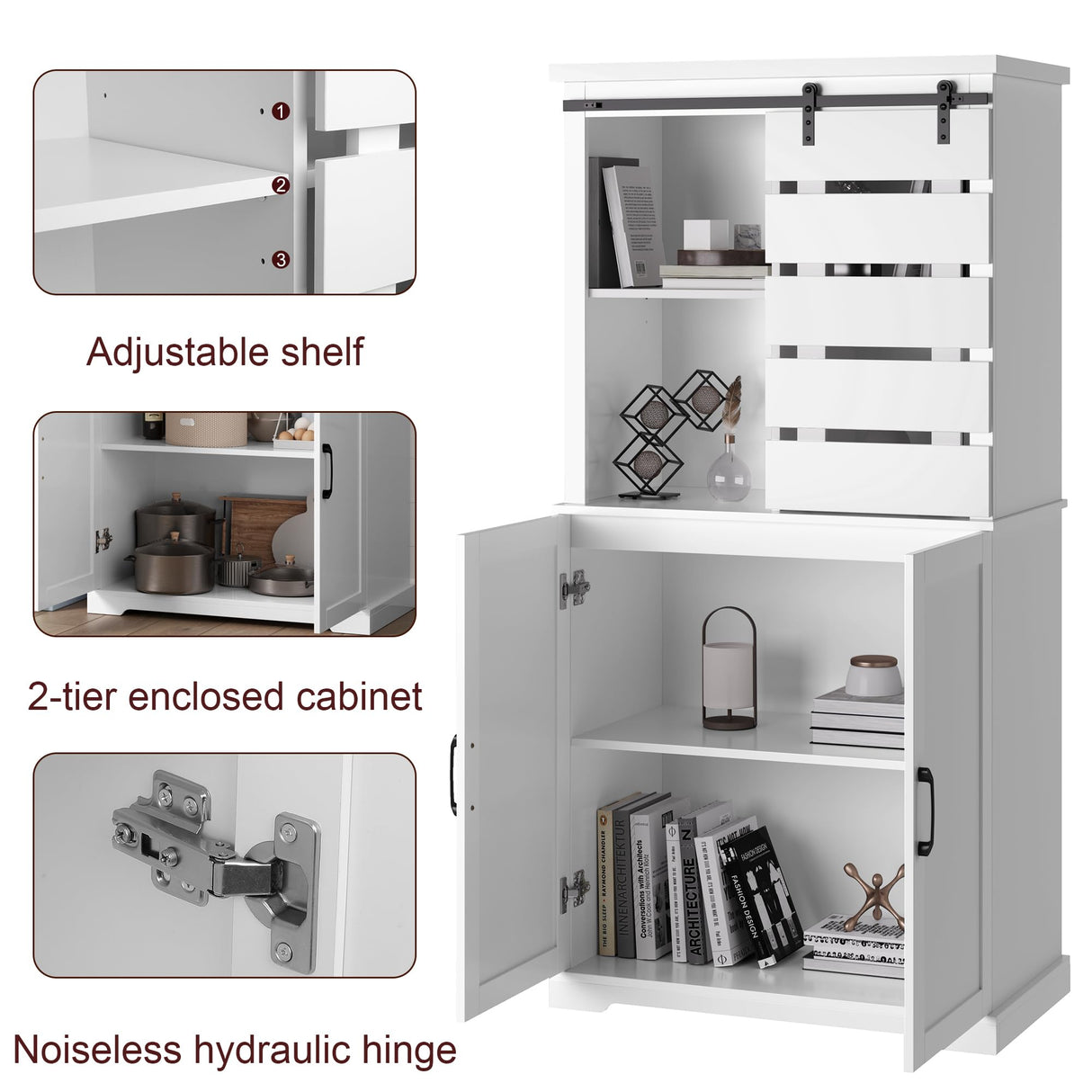 BOTLOG Tall Kitchen Pantry, Large Wood Storage Cabinet with Sliding Barn Door and Adjustable Shelves, Tall Freestanding Cupboard for Dining Room, Living Room, Laundry, White BOTLOG