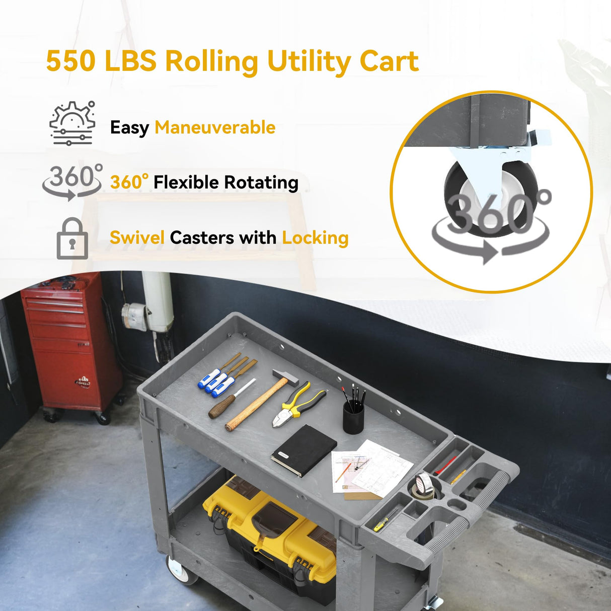 DWVO Utility Service Cart on Wheels, 550 lbs Capacity, 40 x 17 Inch Rolling Work Carts with Wheels, 2 Shelf Heavy Duty Plastic Cart Suitable for Warehouse, Garage, School & Office, Cleaning, Gray DWVO