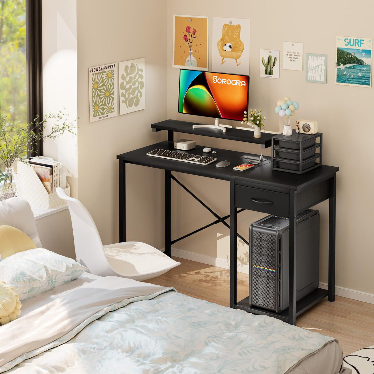 SOROGRA Computer Desk with Adjustable Monitor Stand, 39.4 in Small Desk with Reversible Storage Shelves, Office Desk with Large Desktop Spaces for Home Bedroom Workstation, Black SOROGRA