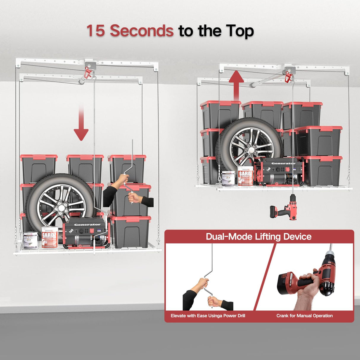 KOKORACKER Overhead Garage Storage Rack, Adjustable Heavy-duty 4x4 Ft Ceiling Storage Racks with Safety Lock, Ideal for Garage Storage Lifting Organization System, 250lbs Capacity, White KOKORACKER