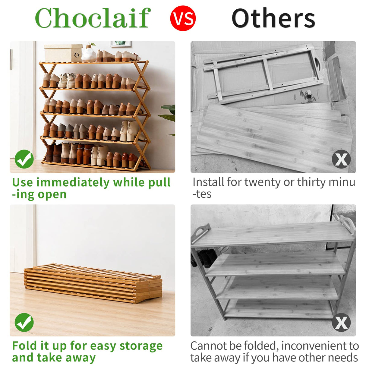 Choclaif Free Standing Shoe Racks for Closet, Shoe Shelf Bamboo Shoe Rack for Bedroom, Entryway Hallway Closet Living Room Organizer(3 Tier) Choclaif