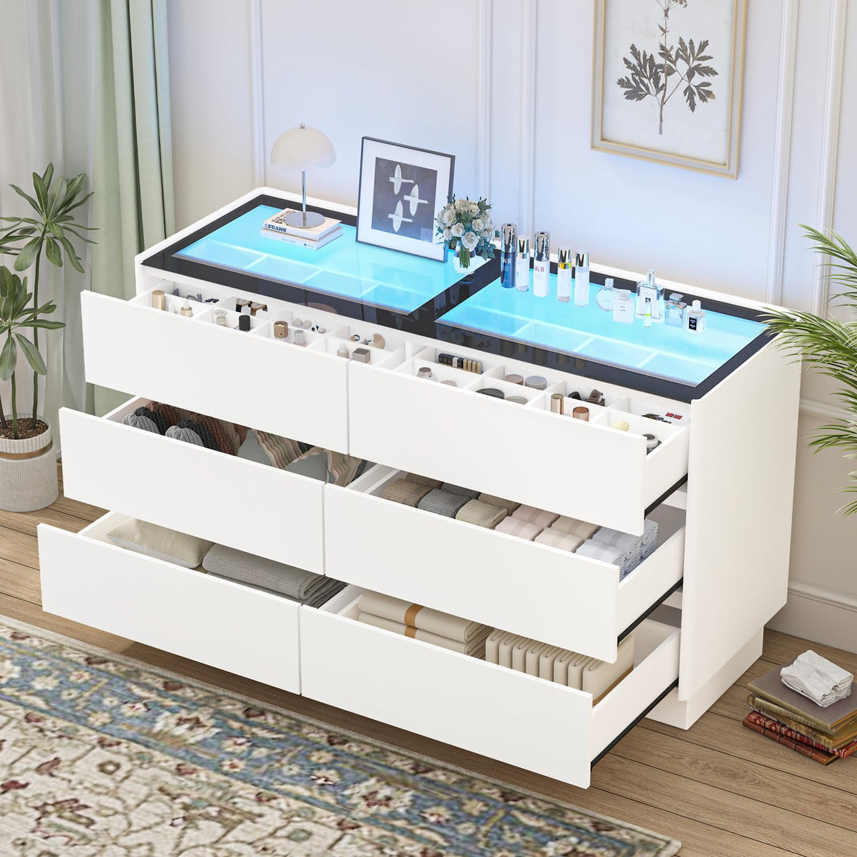 Alorksi 6 Drawer Dresser for Bedroom with Tempered Glass Top, Wide Modern Dresser Organizer with LED Lights, Chest of Drawers for Living Room, Entryway, White Alorksi
