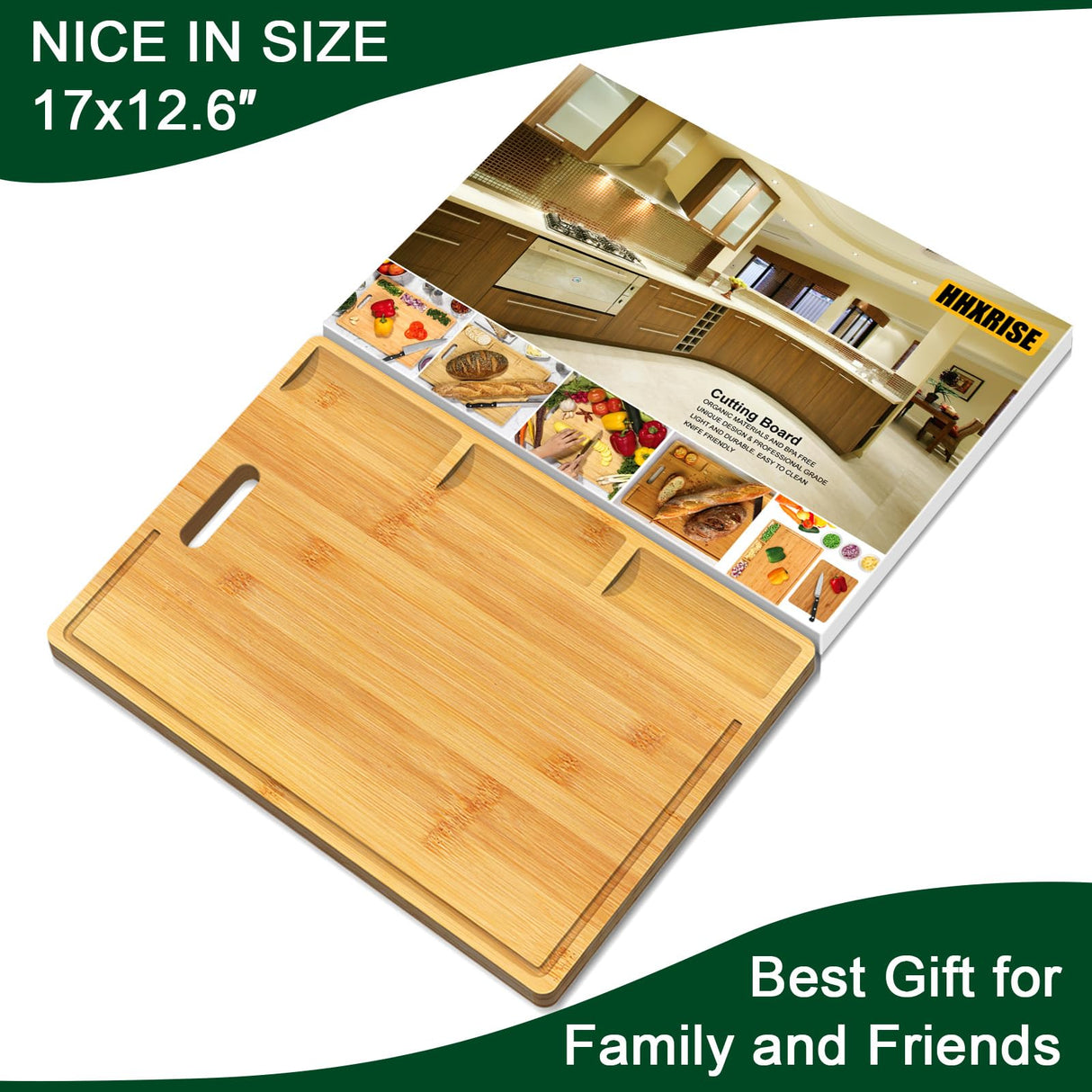 Cutting Boards,Large Bamboo Chopping Board, Built-In 3 Compartments And Juice Grooves, Charcuterie Board for Kitchen Counter Meat (Butcher Block) HHXRISE