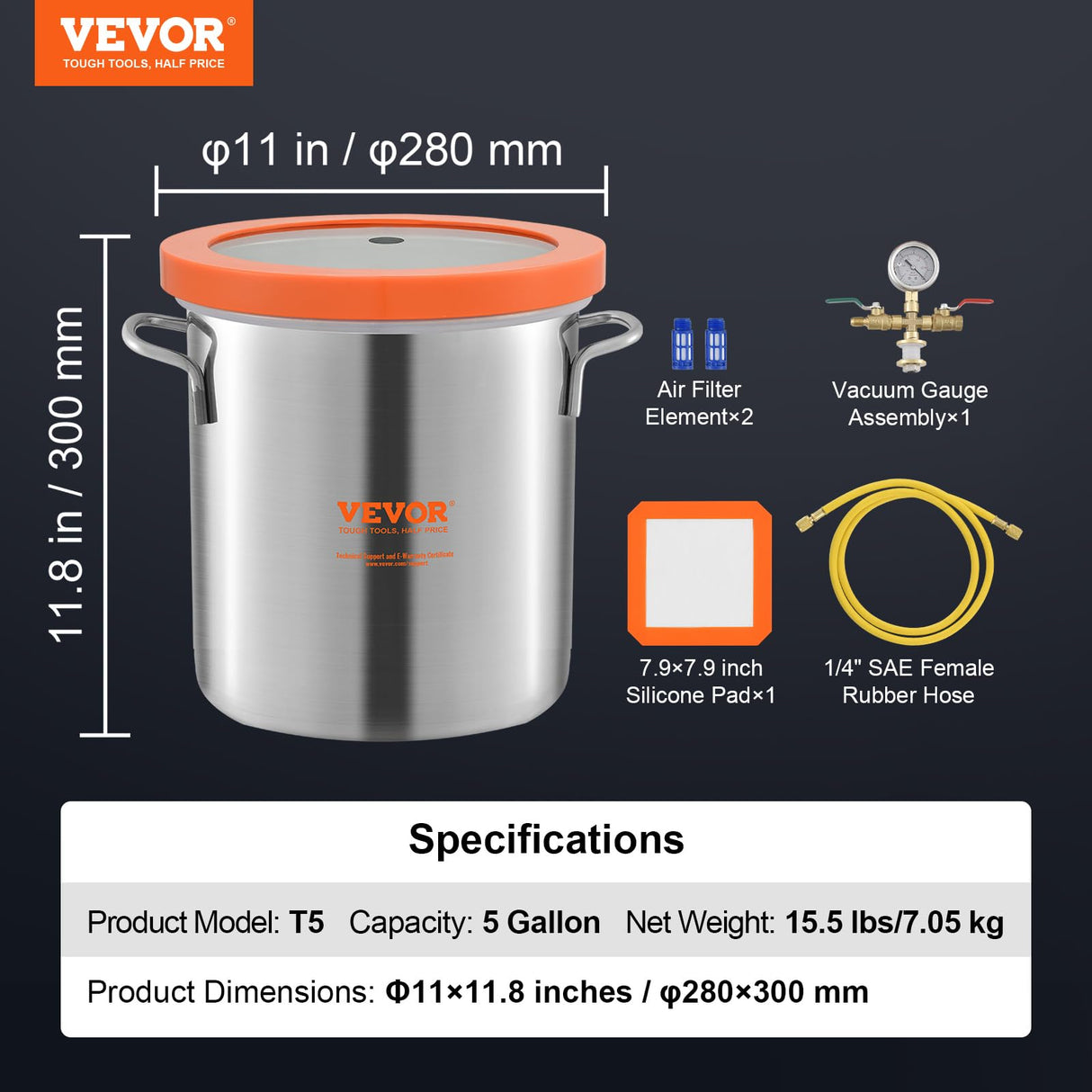 VEVOR 5 Gallon Vacuum Chamber, Upgraded Tempered Glass Lid Vacuum Degassing Chamber, 304 Stainless Steel Chamber, for Stabilizing Wood, Resin Degassing, Silicone Degassing and Plaster Degassing VEVOR