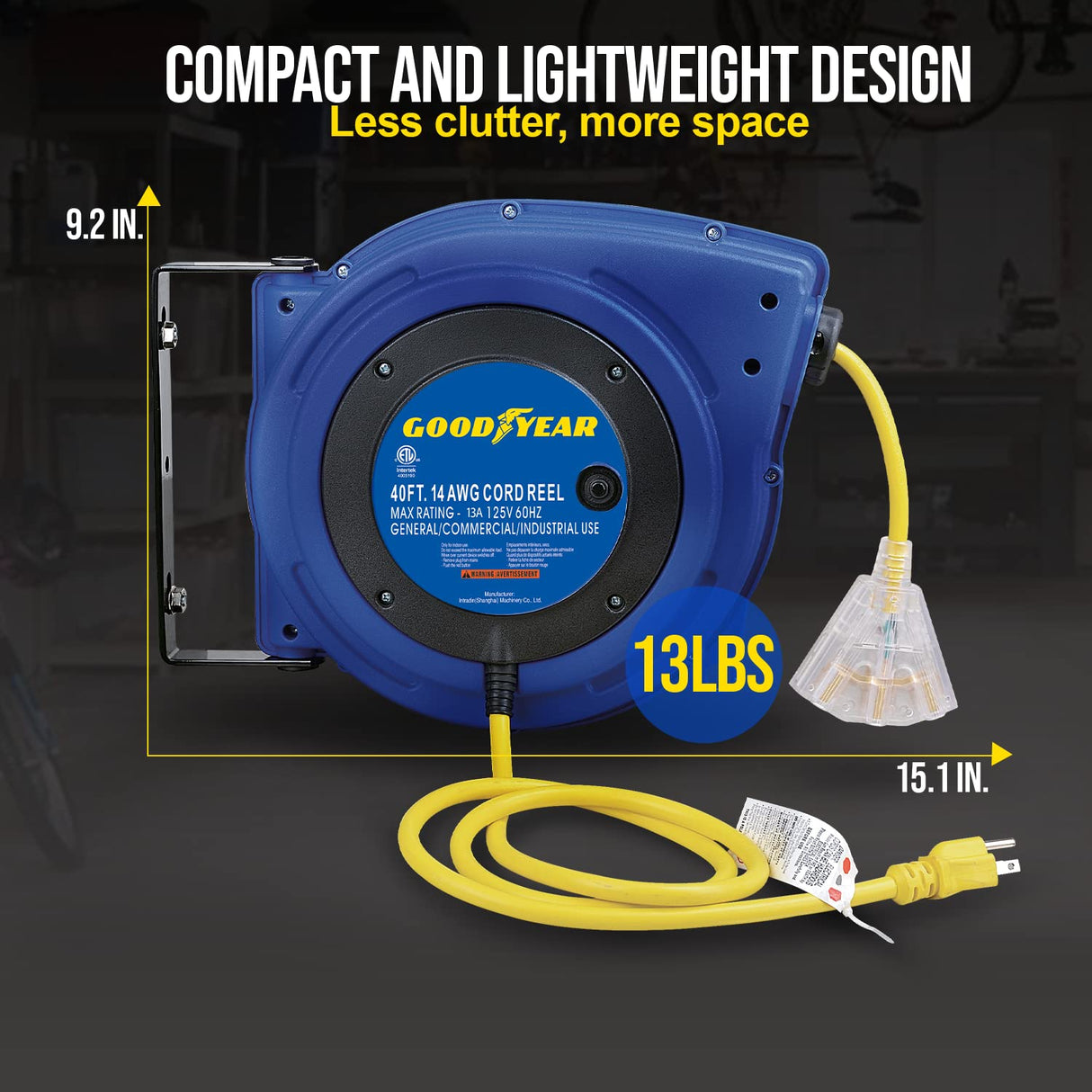 GOODYEAR Extension Cord Reel Extra Long 40 ft 14AWG 3C SJTOW, Triple Tap Connector, Heavy Duty, Slow Retraction Stop At Any Point Goodyear