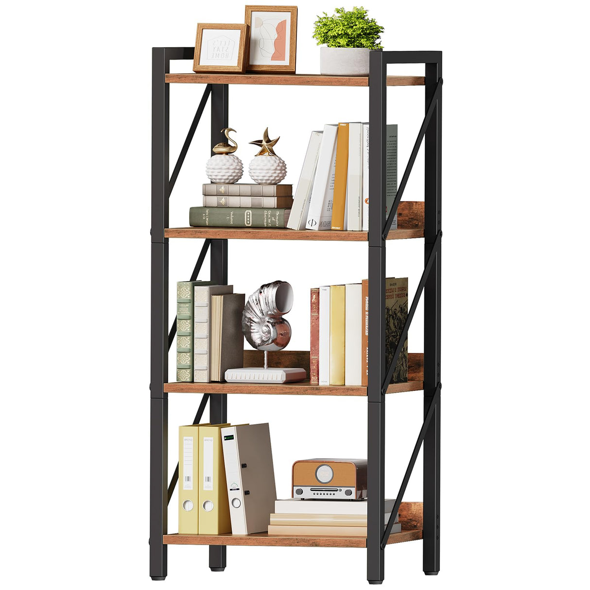 HOOBRO Bookshelf, 4-Tier Industrial Bookcase, Book Shelf Storage Organizer, Small Bookshelf with Metal Frame for Living Room, Bedroom, Home Office, Kitchen, Rustic Brown and Black BF40SJ01 HOOBRO