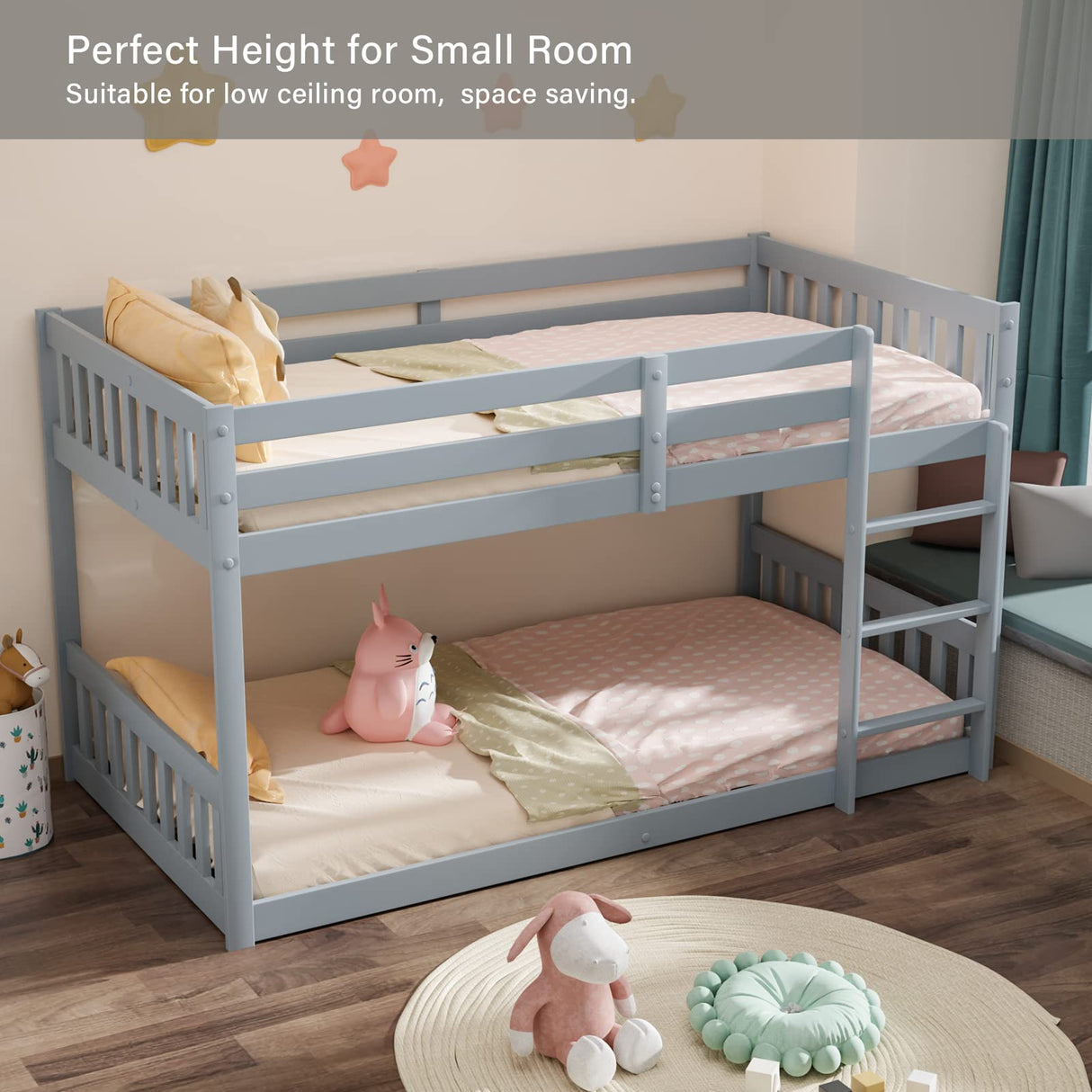 Stylish JOYMOR Twin Over Twin Solid Wood Bunk Bed Frame with Safety Guard Rails and Ladder in Grey JOYMOR