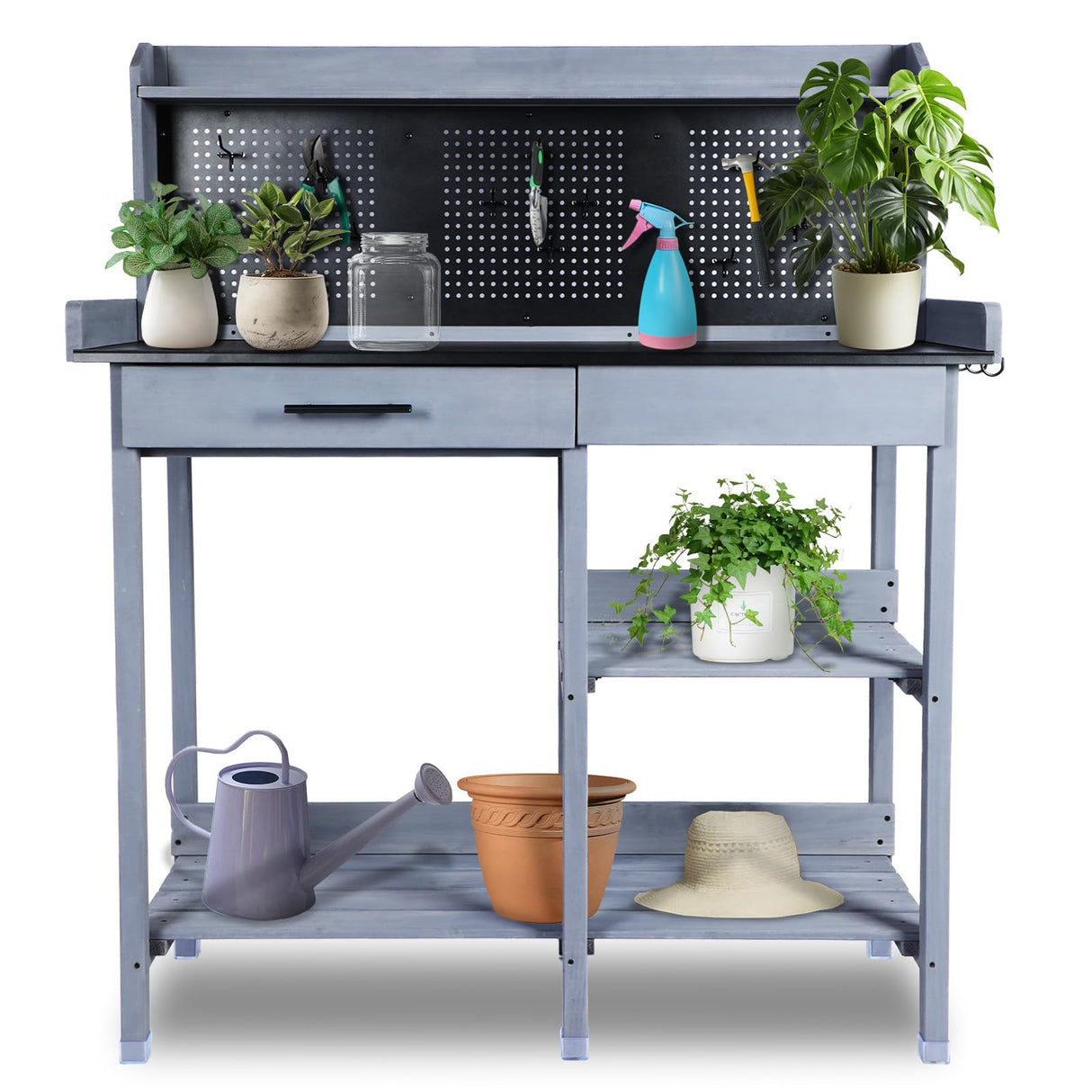Outdoor Potting Bench Table,Garden Work Bench Metal Tabletop Horticulture with Shelf Rack Wooden Potting Benches for Outside with Holey Board/Hooks/Pads/Drawer/Adjustable and Cabinet,Gray Agitree