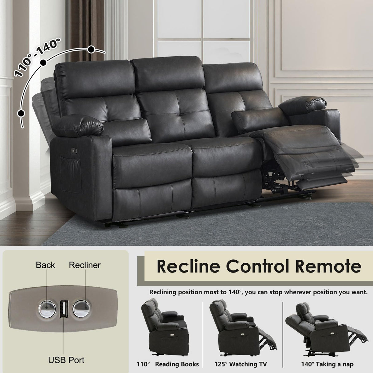Consofa Power Reclining Sofa with Heat and Massage, Electtric Reclining Couch with Extended Footrest, Recliner Sofa 3 Seater with USB Ports, Cup Holders for Living Room, Home Seating Consofa