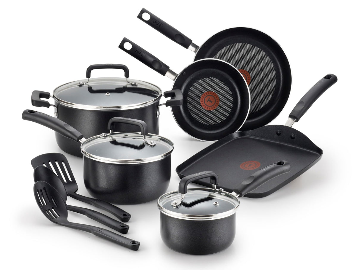 T-fal Signature Nonstick Cookware Set 12 Piece, Oven Broiler Safe 350F, Pots and Pans, Kitchen Cooking Set w/ Fry Pans, Saucepans, Saute Pan, Dutch Oven, Griddle, Kitchen, Home, Dishwasher Safe, Black T-fal