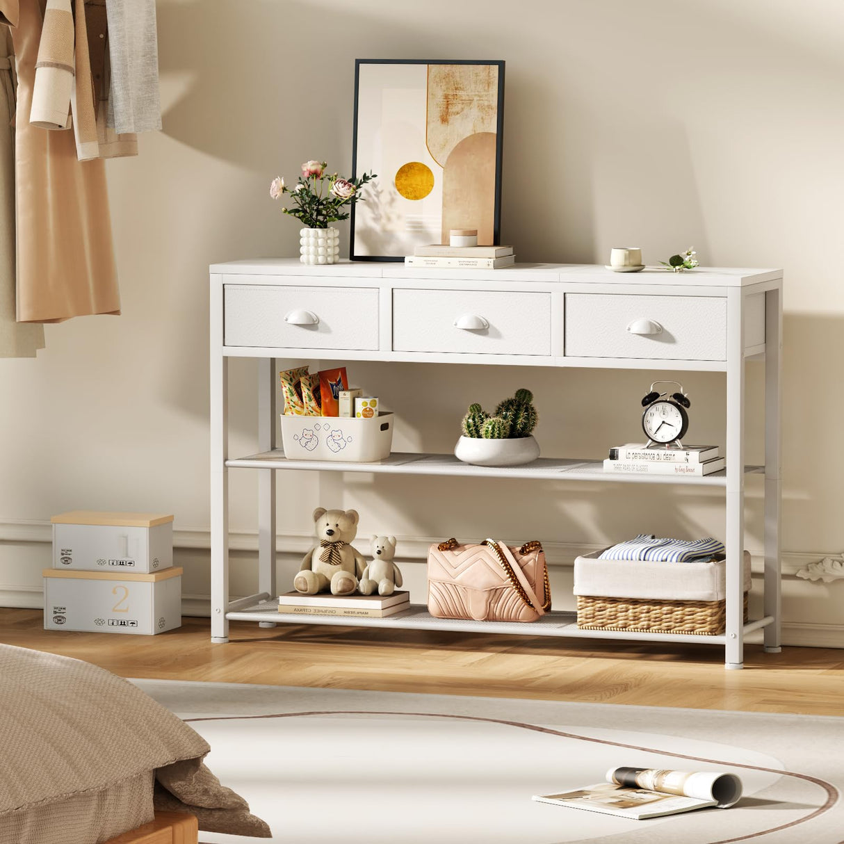 Furologee White Entryway Table, 38'' Console Sofa Table with 3 Fabric Drawers, Industrial Entry Way Table with Storage Shelves, Display Shelf for Living Room, Hallway, Entrance, Foyer Furologee