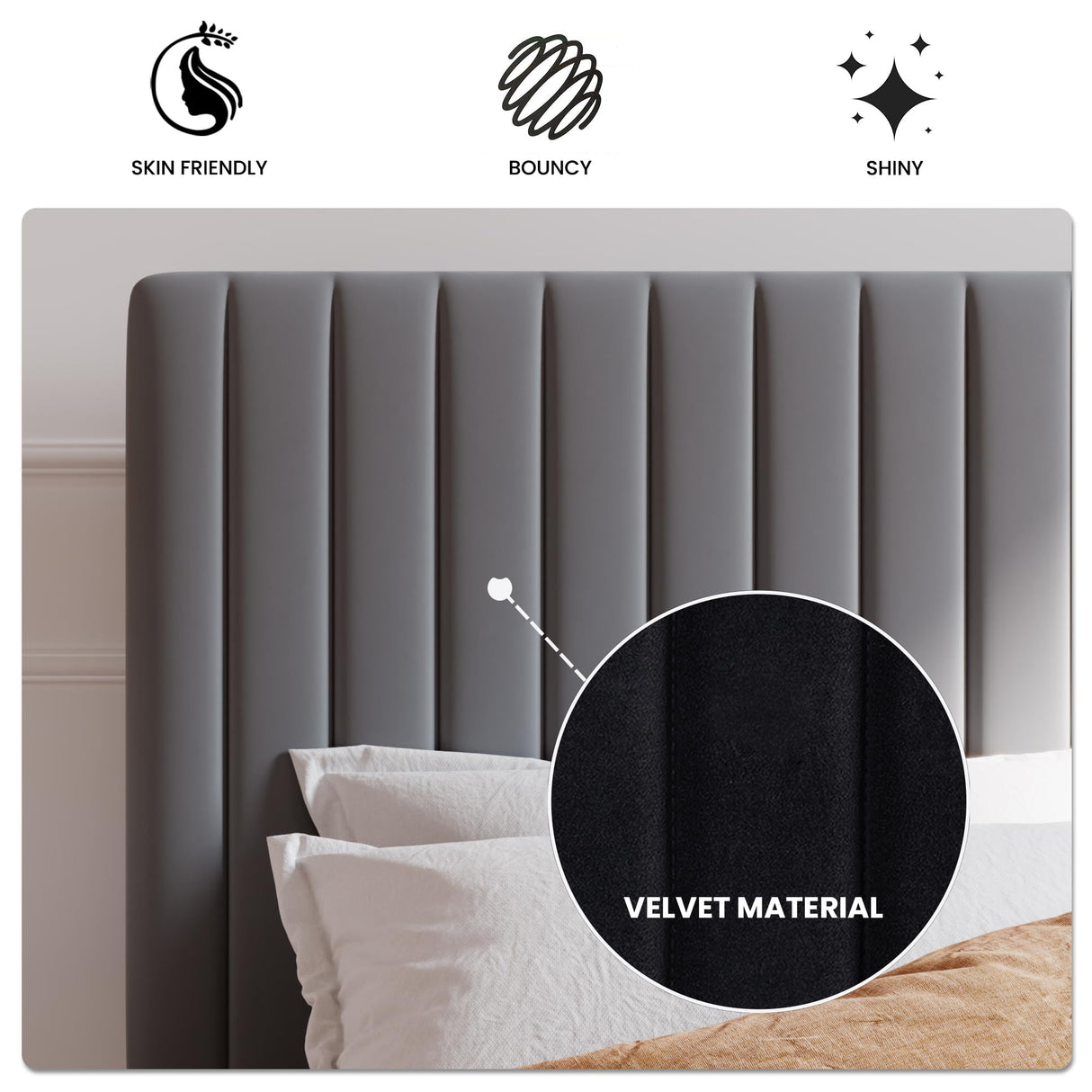 SHA CERLIN Queen Upholstered Platform Bed Frame with Vertical Channel Tufted Velvet Fabric Adjustable Headboard, Wooden Slats Support, Mattress Foundation, Box Spring Optional, Grey SHA CERLIN