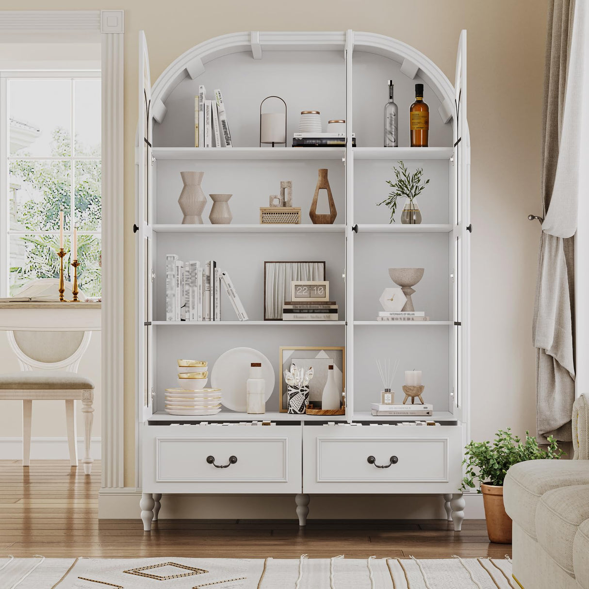 70.8'' Tall Arched Kitchen Pantry Cabinet, Large Farmhouse Storage Cabinet with Glass Doors, Display Case, Wood Bookshelf with 2 Drawers & Adjustable Shelves, Kitchen Pantry for Living Room, White LIVAUVEAD