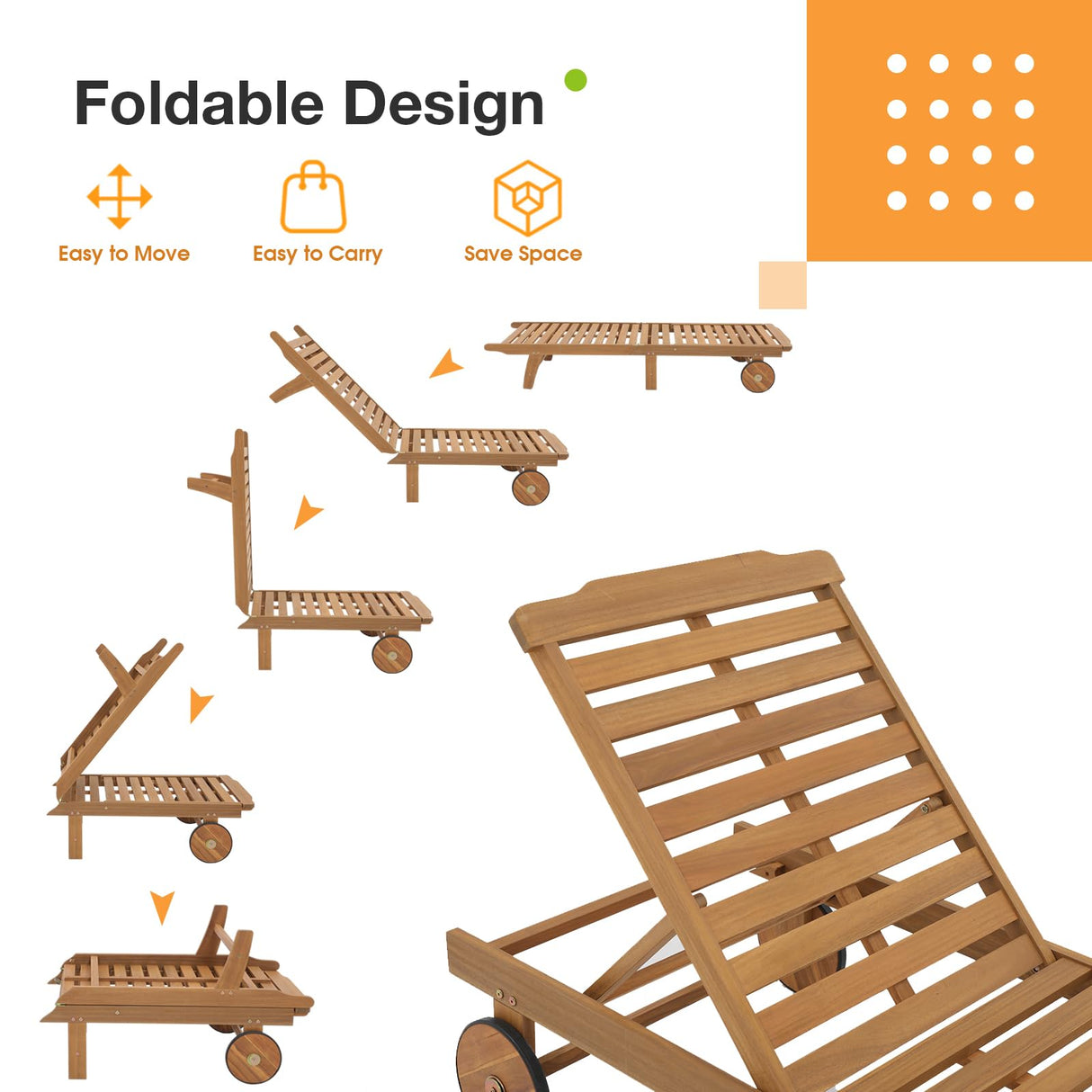 Patiorama Patio Acacia Wood Chaise Lounge Set of 2, Outdoor Folding Lounge Chair Recliner w/Adjustable Backrest, Wheels, Padded Cushion, Portable Sun Lounger Pool Chair for Deck, FSC Certified, Cream Patiorama