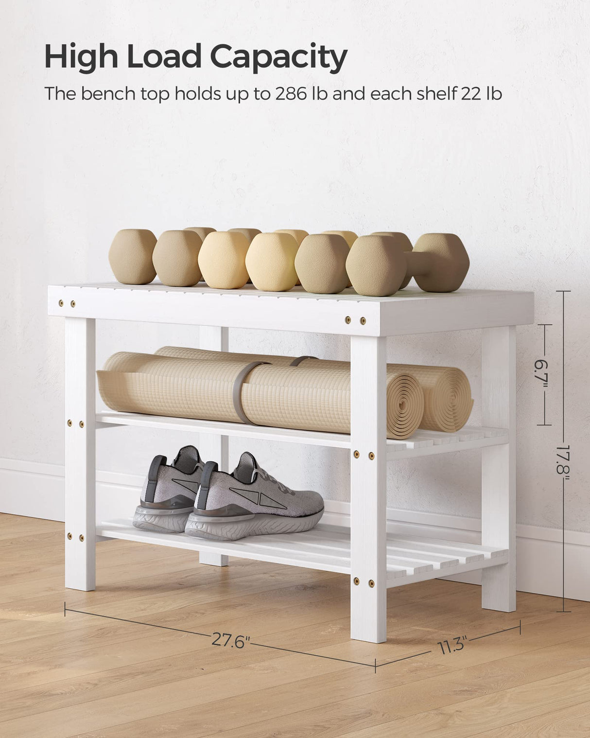 SONGMICS Shoe Rack Bench, 3-Tier Bamboo Shoe Storage Organizer, Entryway Bench, Holds Up to 286 lb, 11.3 x 27.6 x 17.8 Inches, for Entryway Bathroom Bedroom, Cloud White ULBS004W01 SONGMICS