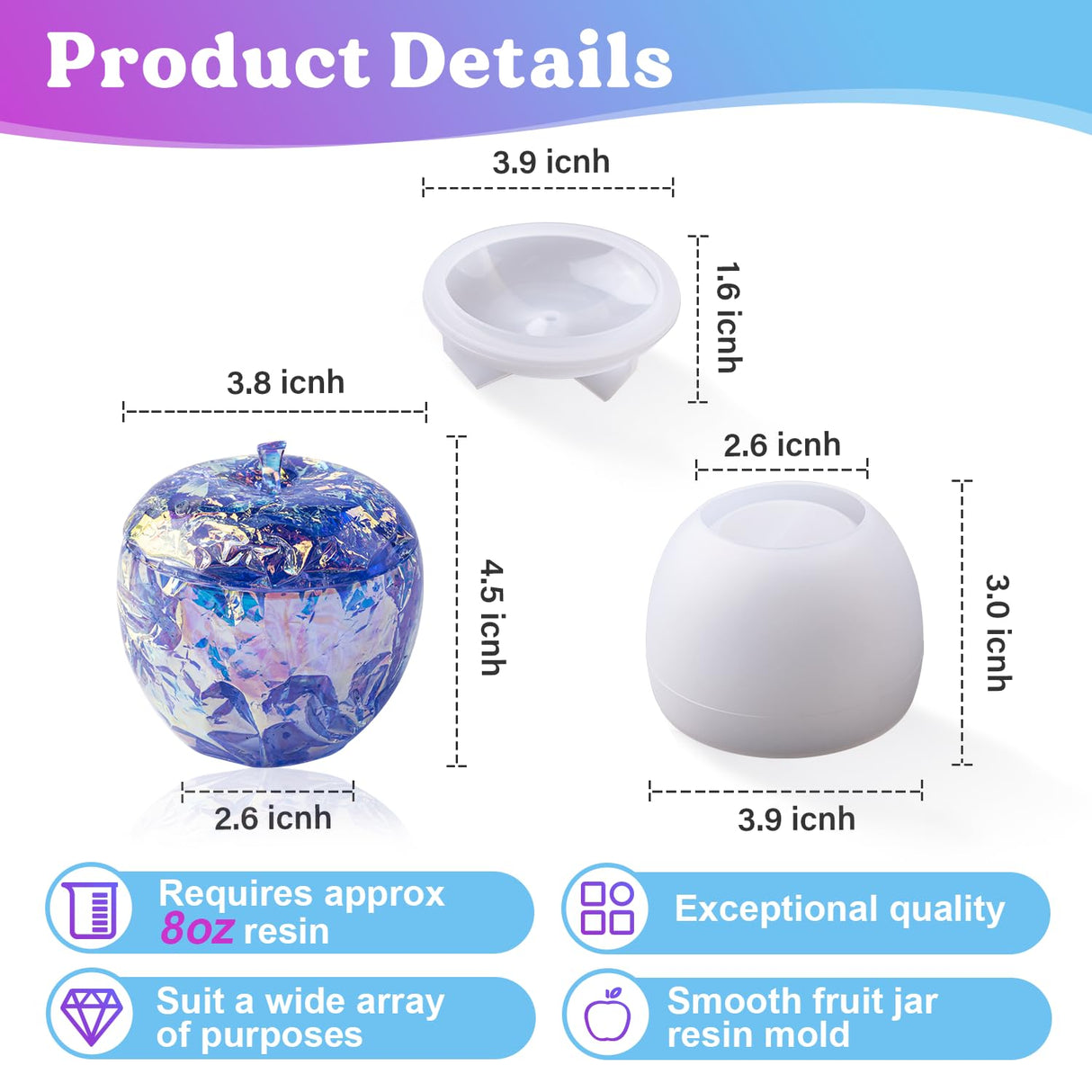 LET'S RESIN Resin Molds Jar, Apple Shaped Life-Size Silicone Jar Molds for Resin with Lid Stem, Fruit Ornaments Epoxy Resin molds for Resin Crafts, Resin Art, Christmas Decor, Gifts LET'S RESIN