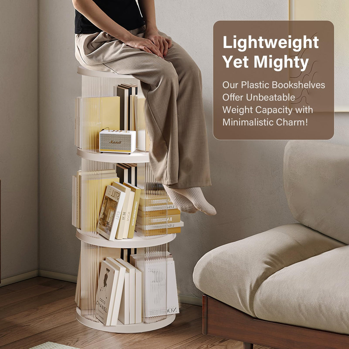 SYNCVIBE 4 Tier Rotating Bookshelf, Small Corner Bookshelf for Small Space, 360 Display Floor Standing Bookcase, Plastic Narrow Book Organizer Shelf for Bedroom, Living Room, Round, White SYNCVIBE