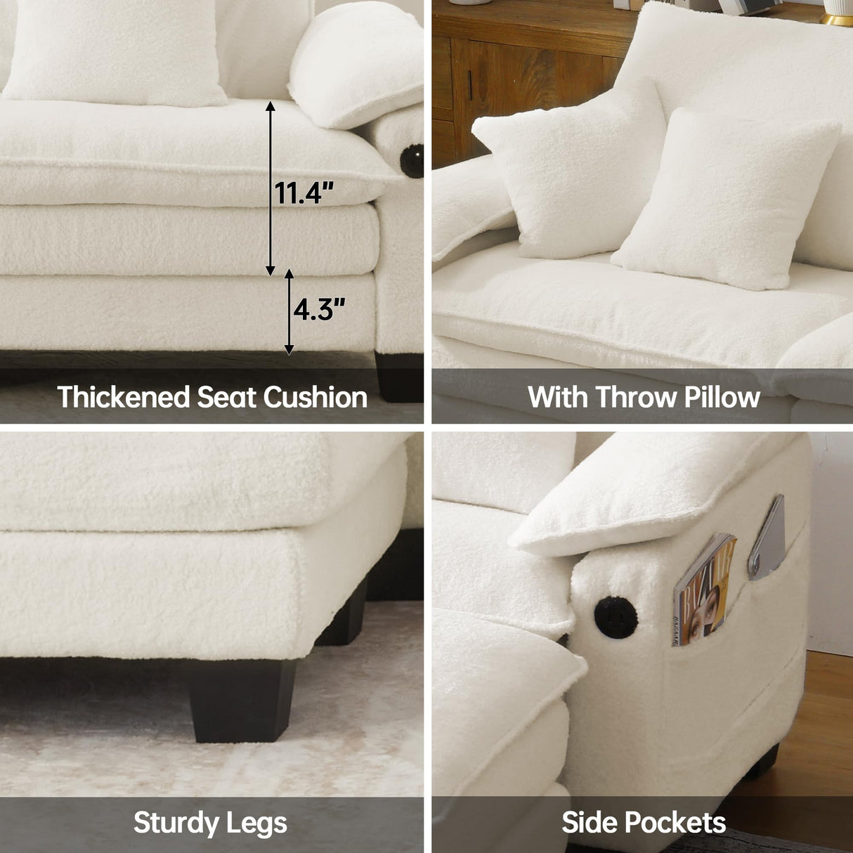 DURASPACE Modular Sectional Sofa L Shaped Cloud Couch with USB, Side Pocket, 76.8’’ Loveseat with Movable Ottoman, Comfy Deep Seat Sleeper Sofa for Living Room, Apartment, Office (Boucle White) DURASPACE