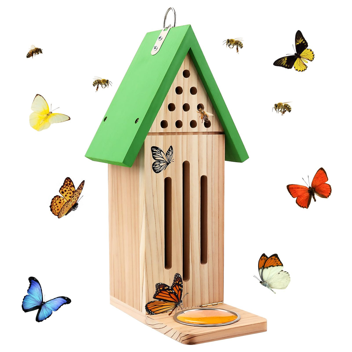 3-in-1 Butterfly House Feeder Bee House, Wooden Butterfly Houses for The Garden, Butterfly Feeders for Outdoors, Natural Butterfly Garden Kit Habitat with Puddler Beyoogeem