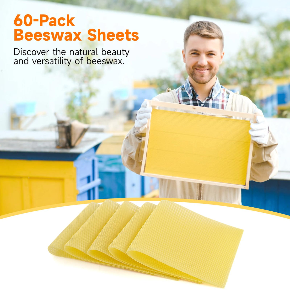60-Pack Beeswax Sheets, 16-1/3 inch x 7-2/3 inch,Beehive Wax Foundation, Beeswax Foundation Sheet, Beeswax for Candle Making Beekeeping Varku