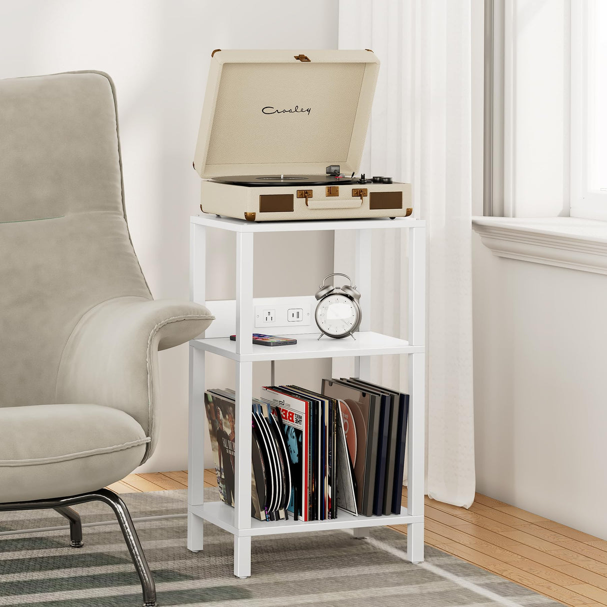 TUTOTAK Record Player Stand with Storage Up to 100 Albums,Record Storage Table,3 Tier End Table with Charging Station,Side Table for Living Room, Bedroom, White TB01BW076 TUTOTAK