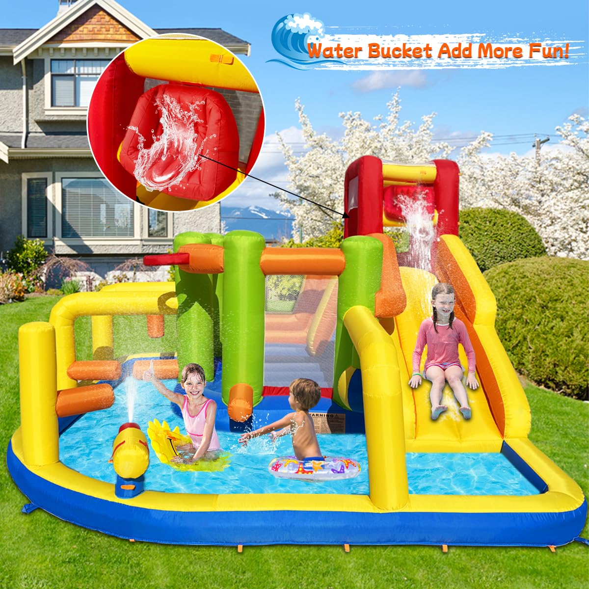 Umbalir Inflatable Obstacle Bounce House, Kids Bounce House Water Park with Water Slides, Surprise Dump Bucket, Obstacles,Jumping, Tunnels, Climbing,Water Cannon, and Ball Shooting Frame Umbalir