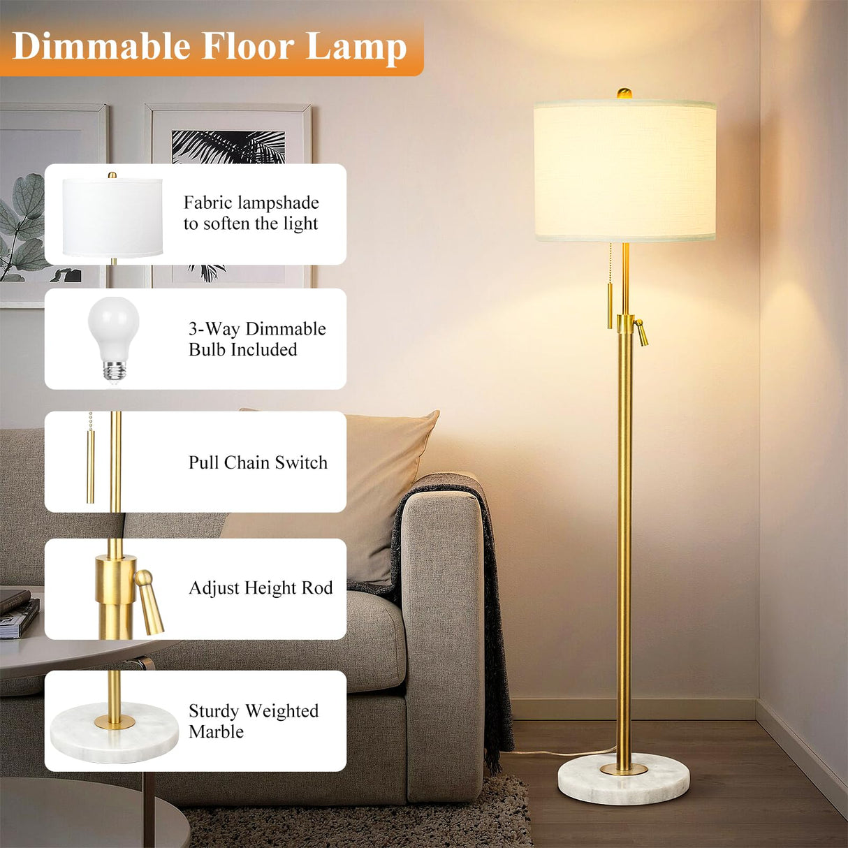 Modern Floor Lamp for Living Room, Adjustable Height Standing Lamp with Marble Base, 3-Way Dimmable Gold Brass Tall Pole Light with White Linen Shade for Reading, Bedroom, Chain Switch, Bulb Included Qingmiao