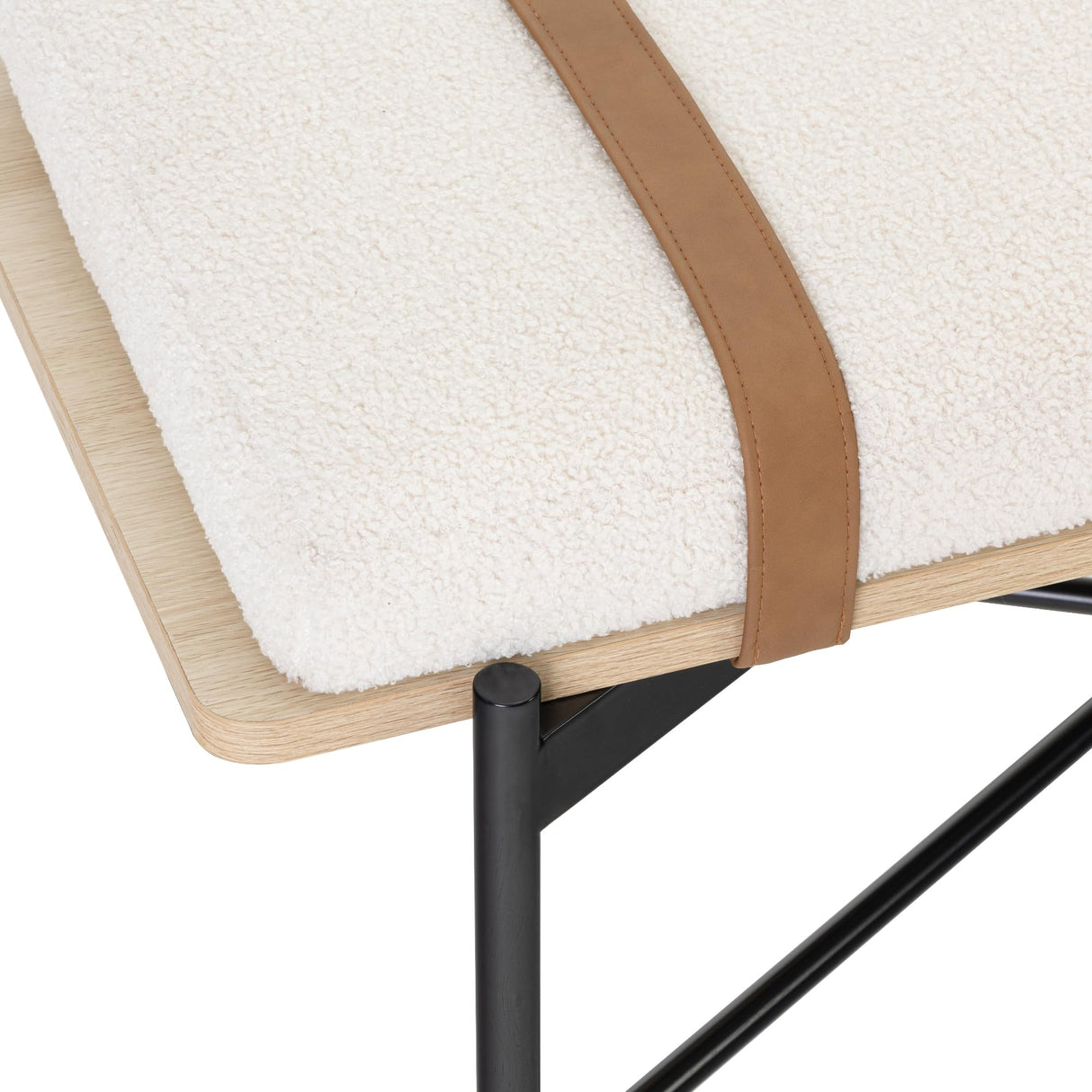 Nathan James Thatcher Upholstered Entryway Bench with Removable Boucle Cushion, Vegan Leather Straps, and Matte Black Metal Legs Nathan James