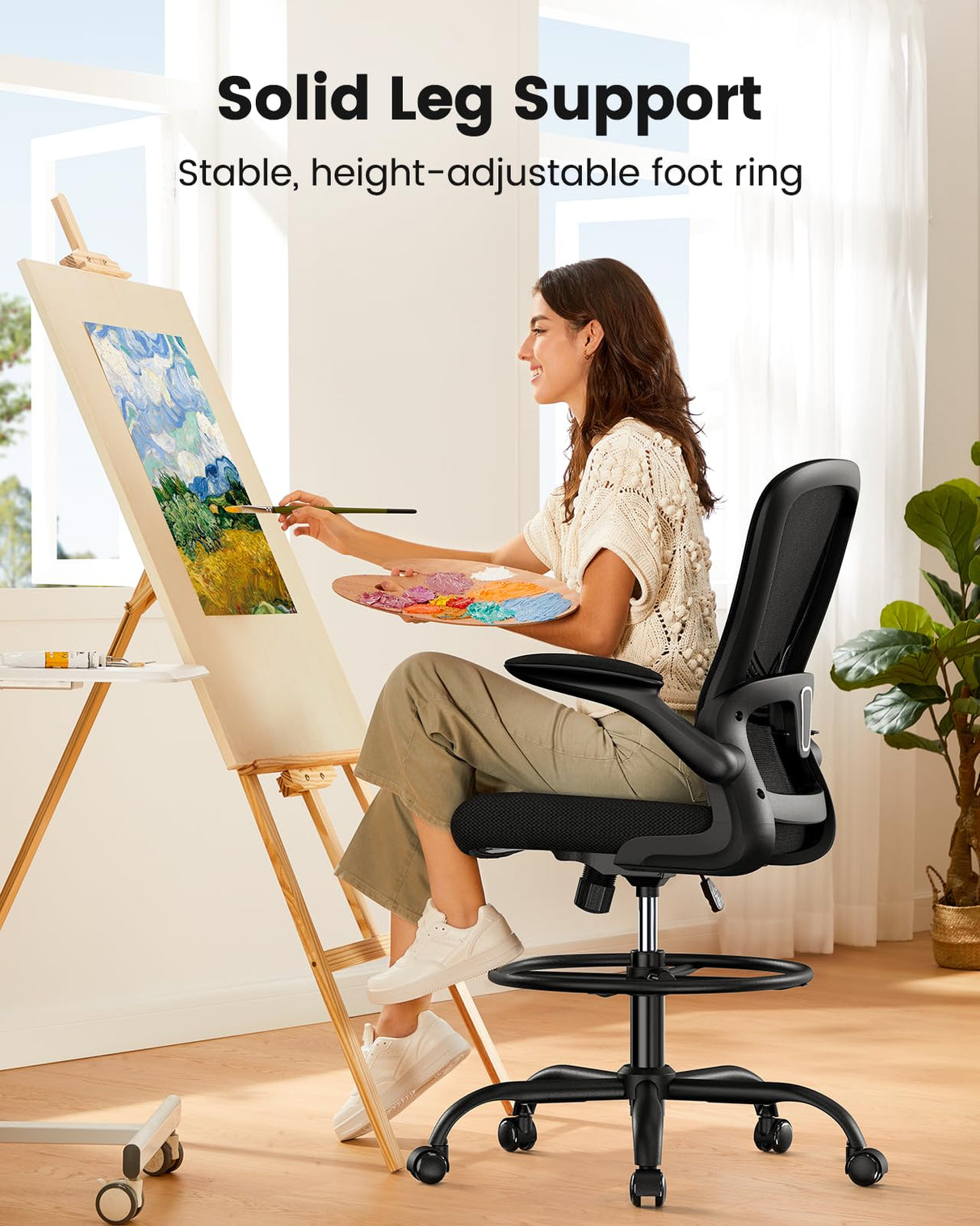 ErGear Drafting Chair, Standing Desk Chair with Flip-Up Armrests, High Desk Chair Adjustable Height, Ergonomic Tall Office Chair with Lumbar Support and Adjustable Footrest Ring ErGear