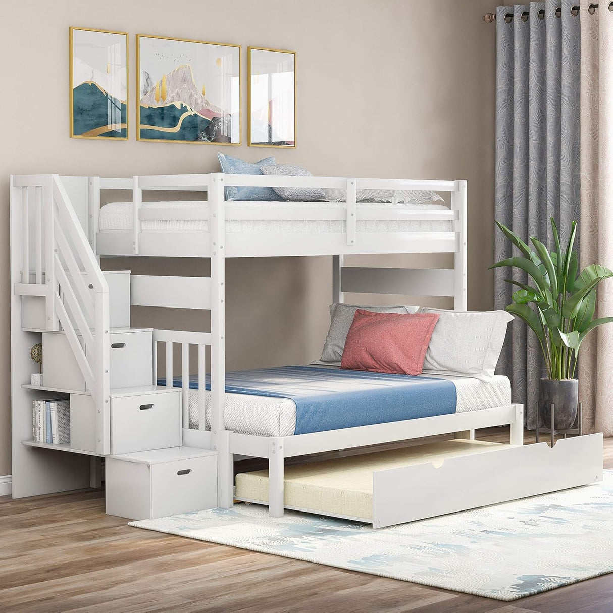 MERITLINE Twin Over Twin/Full Convertible Bunk Bed with Twin Trundle, Storage Stairs and Drawers,Solid Wood Detachable Bunk Bed with Storage Shelves for Adults,No Box Spring Needed (White) MERITLINE