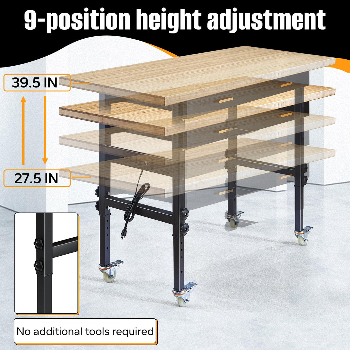 60" Adjustable Work Bench with Drawer Storage, Power Outlet, and Wheels - Heavy Duty Work Table for Home, Garage, and Office - Sturdy Steel Frame with Solid Bamboo Table Top - 2700 lbs Capacity HONRISE