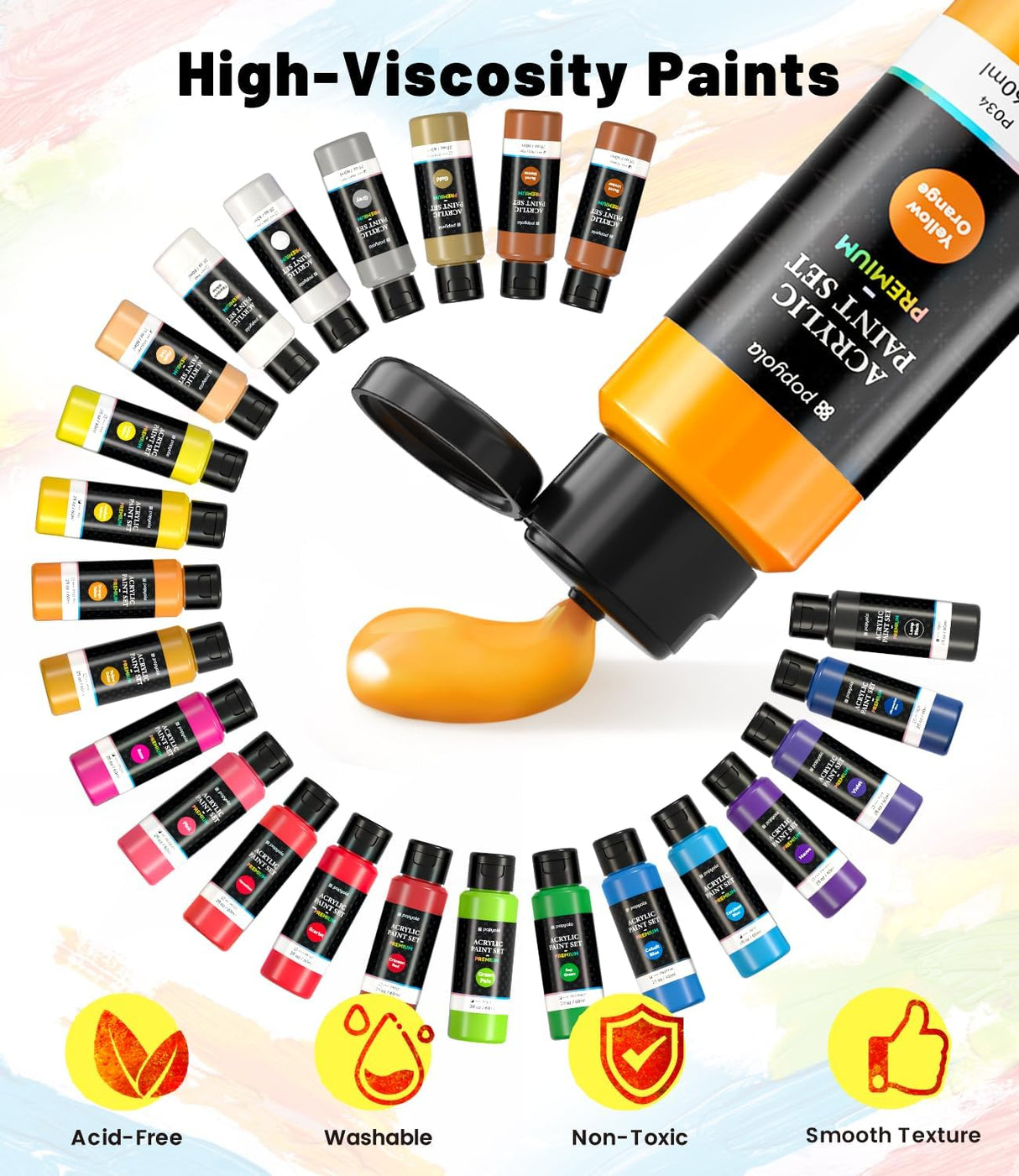 40 Pack Acrylic Paint Set with 12 Brushes, 2 Knives, Palette and Sponge, 24 Colors (60ml, 2oz) Art Craft Paint Gifts for Adults Kids Artists Beginners, Canvas Ceramic Wood Rock Pumpkin Painting Kit POPYOLA