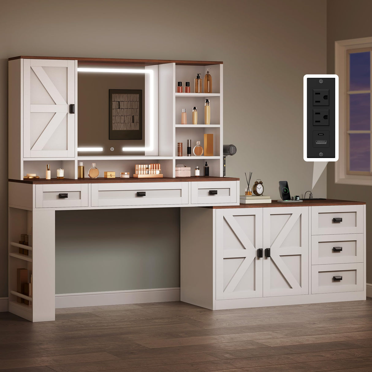 DWVO L Makeup Vanity Desk with Mirror and Lights, Farmhouse Big Lighted Vanity Table Set with 6 Drawers and Cabinet Shelves, 360° Rotation Large Dressing Table for Bedroom, White DWVO