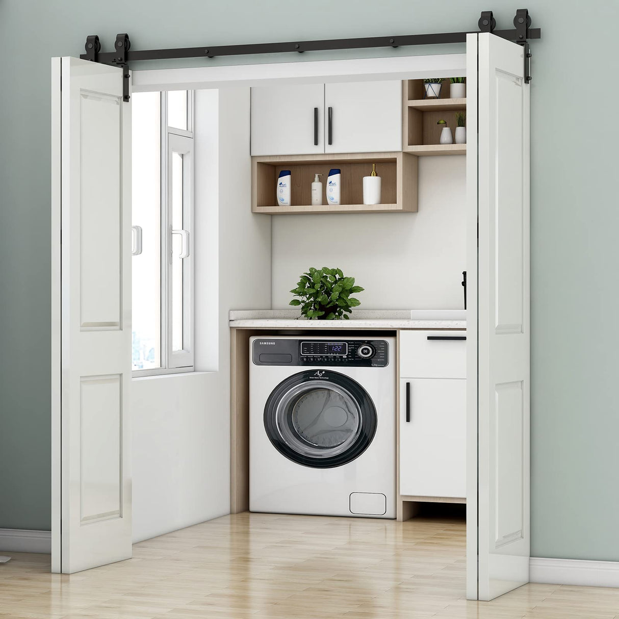 CCJH 5FT/60'' Bi-Folding Barn Door Hardware Sliding Track kit Heavy Duty for 4 Doors(No Wood Door,Hardwware Only) CCJH