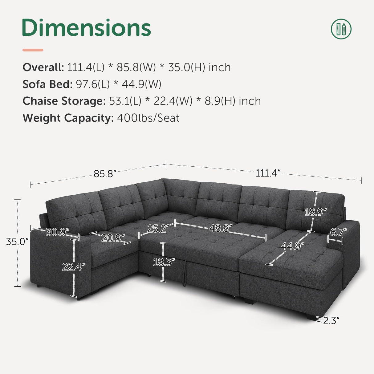 HONBAY Sectional Sleeper Sofa Pull Out Bed with Storage Chaise, Sleeper Sectional Sofa Couch, Sectional Sleeper Bed for Living Room, Dark Grey HONBAY