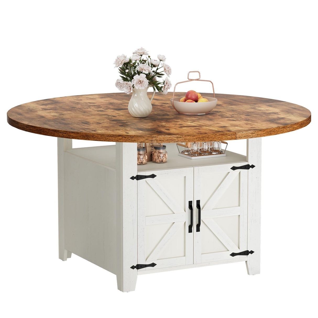 DWVO 55 Inches Round Dining Table for 6-8 People Farmhouse Circle Dining Room Table Large Kitchen Desk with 2 Tier Storage Rack for Kitchen Apartment Resturant, White DWVO