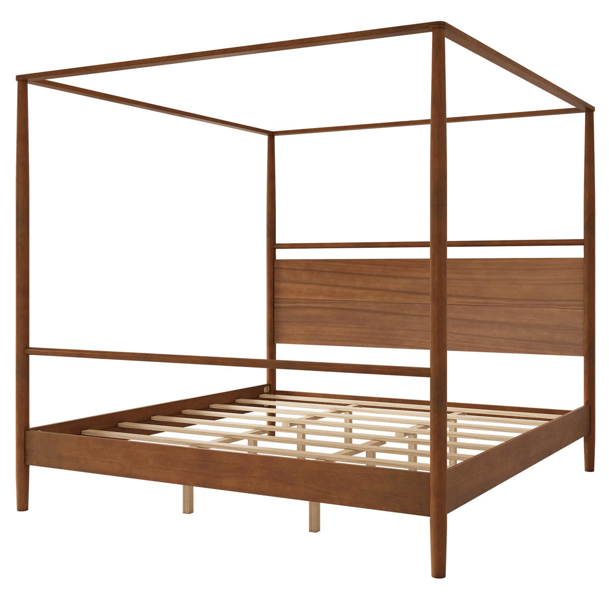 SOFTSEA Modern King Size Canopy Bed Frame in Walnut - Sturdy 4-Poster Design, No Box Spring Needed SOFTSEA