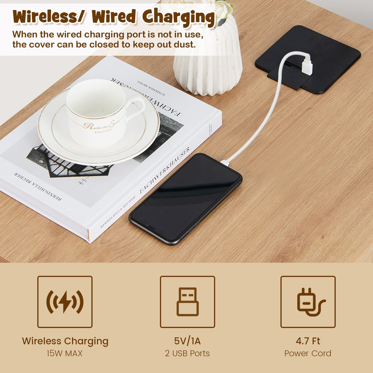 Giantex Dog Crate Furniture, Wooden Dog Kennel End Table with Removable Cushion, Storage Drawer, Latched Door, Wireless and Wired Charging, Giantex