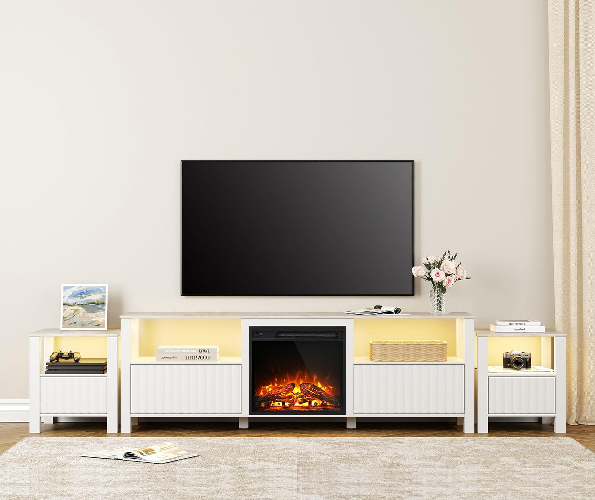WAMPAT Living Room Table Set of 3, Modern Fireplace TV Stand for 75 inch TV with 5 Storages, 2 Wood End Table LED Night Stand with Door for Living Room, Bedroom, White WAMPAT