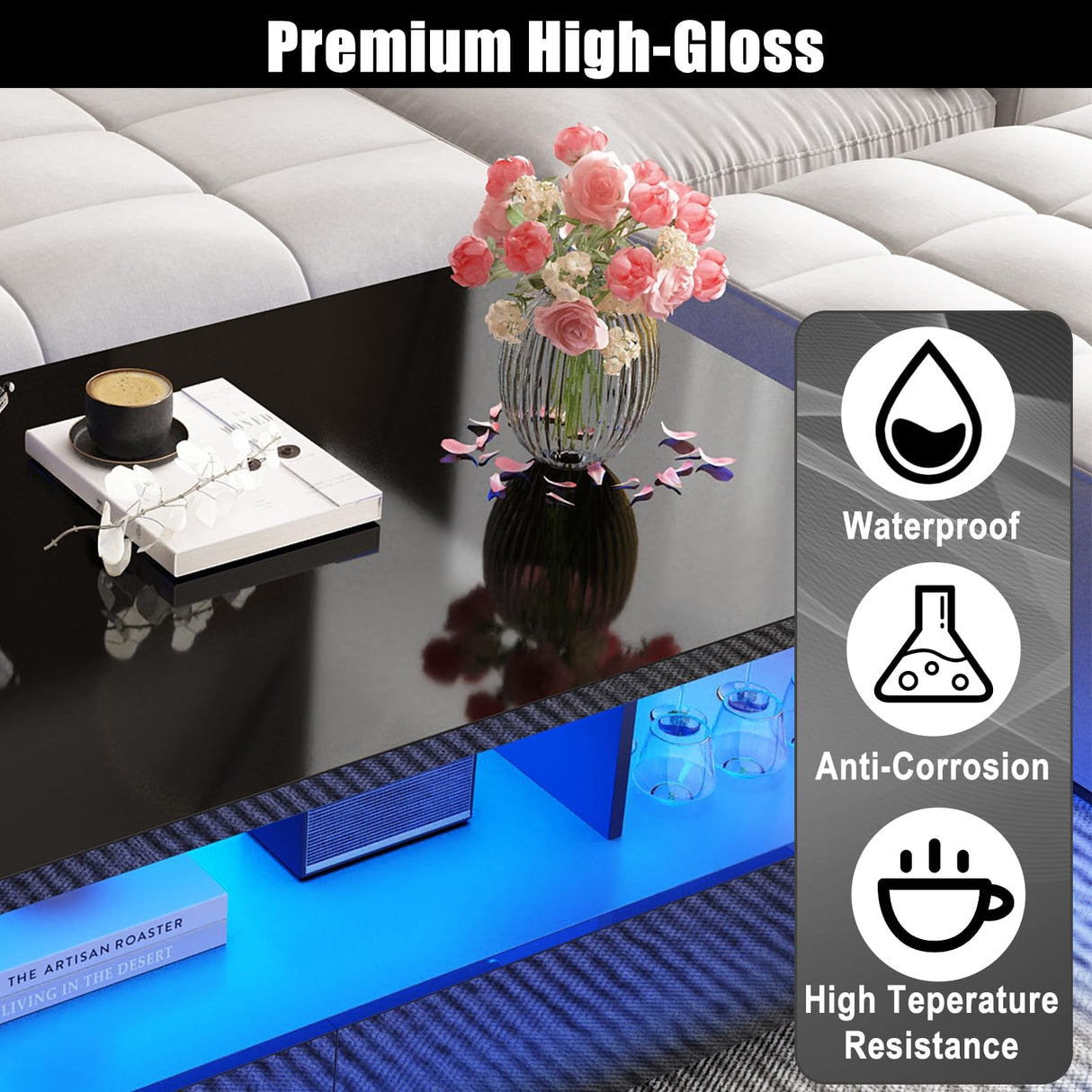 jiteentarou LED Coffee Table w/ 2 Storage Drawers,App Control,High Glossy Modern Black Coffee Table w/60,000-Color Lights,Rectangle 2-Tier Center Table w/Display Shelf for Living Room jiteentarou