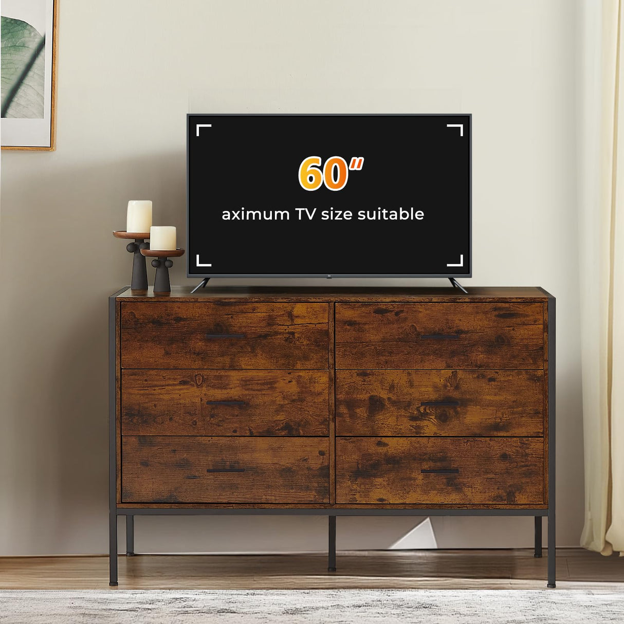 Lyromix Rustic Brown Dresser with 6 Drawers, Wide 48'' Wood TV Stand with Storage, Mid Century Dresser Dresser for Bedroom, Perfect for Bedroom Room Storage Lyromix