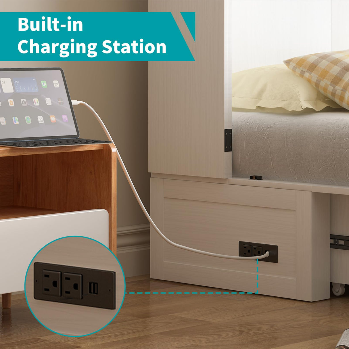 BALUS Murphy Cabinet Bed, Queen Murphy Bed with Tri-fold Mattress, Charging Stations, Wooden Cabinet Chest Beds with 2 Storage Drawers for Bedroom Guest Room - White BALUS