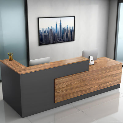 Anzhap Modern L-Shaped Reception Desk with Storage, Front Desk Reception Counter with Drawer, Storage Cabinets for Office, Lobby, Salon (European Oak+lron Gray - Left Cabinet, 102" L * 24" W * 41" H)