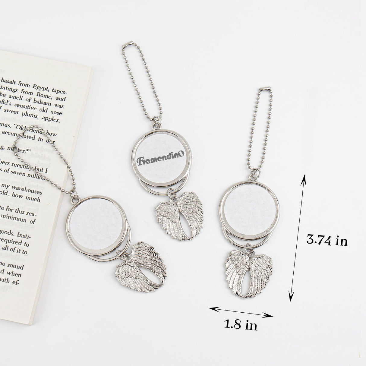 Framendino, 5 Pack Silver Angel Wings Car Hanging Ornament Personalized Car Mirror Hanging Accessories Blank Heat Transfer Photo Frame Keychain for DIY Crafting Framendino