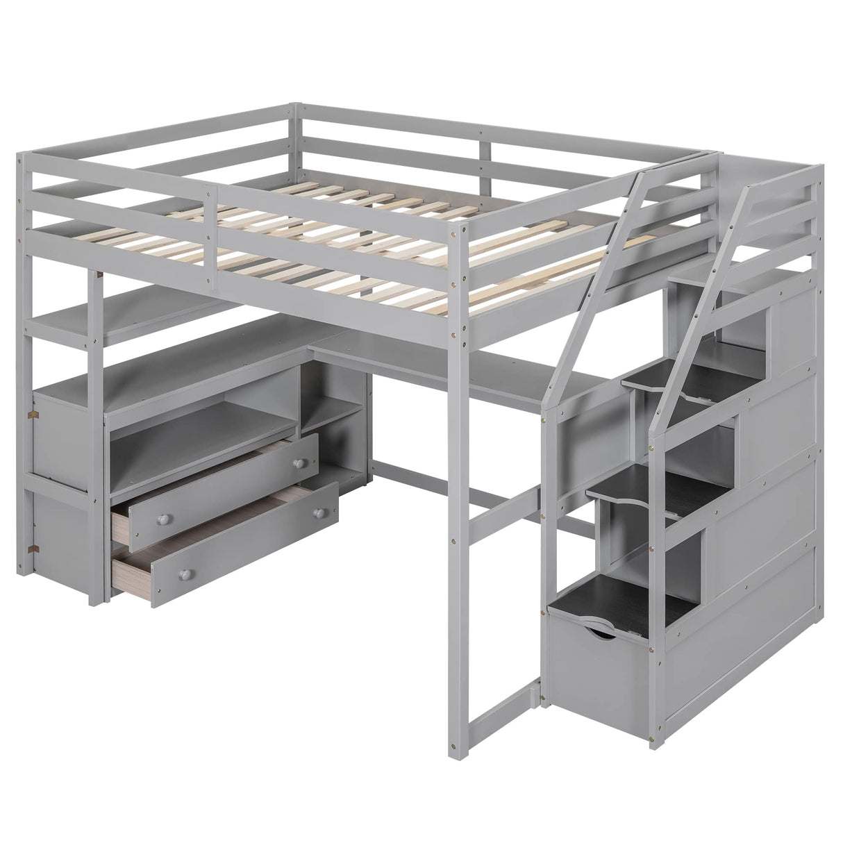 BIADNBZ Grey Full Size Loft Bed with Desk, Storage Shelves, and Drawers for Kids and Teens BIADNBZ