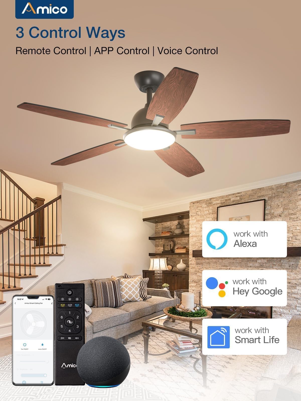 Amico Ceiling Fans with Lights, 52 inch Smart Ceiling Fan with Remote/APP/Alexa Control, Reversible DC Motor, 5 Blades, 6 Speeds, 3CCT, Dimmable, Noiseless, Wifi Ceiling Fan for Farmhouse, Bedroom Amico