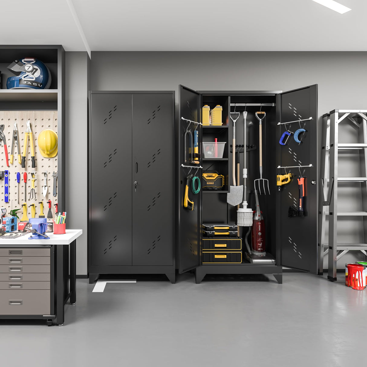 75" Taller Metal Garage Storage Cabinet,Tool Chest, Large Offiice Storage Cabinet wiith Lock Doors, Stainless Steel Bottom Plate with Holes,Utility Room Organization(H75* D16.53*L33.85)(BLACK) ZONLESON