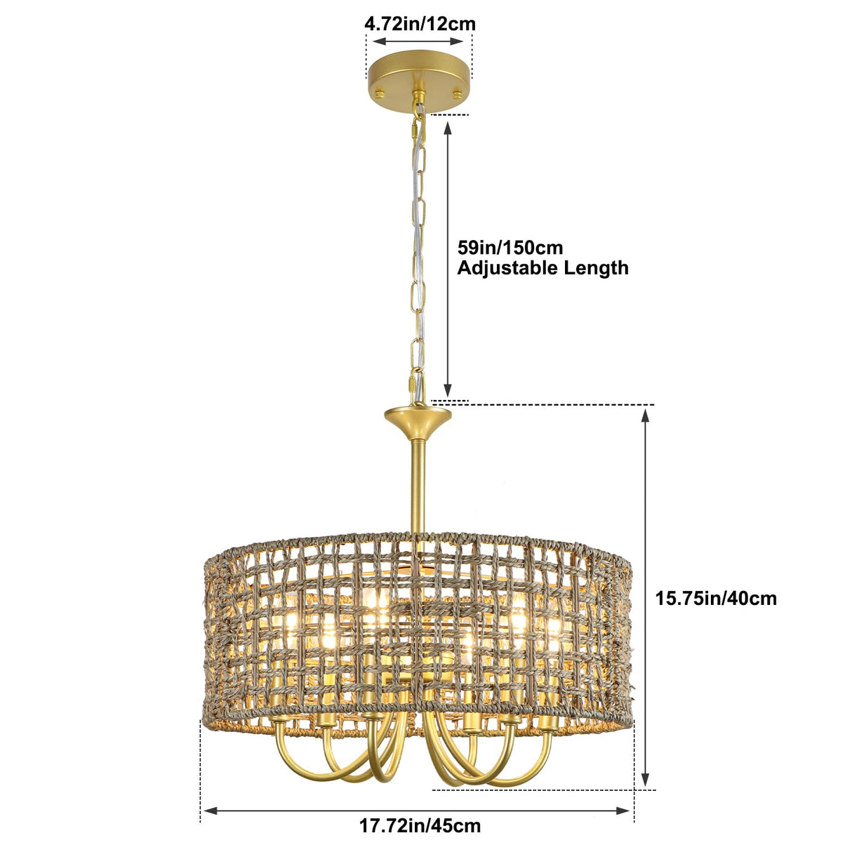 WBinDX 6-Light Boho Large Rattan Chandelier for Dining Room, Seagrass Gold Chandelier with Hand Woven Wicker Shade, Farmhouse Drum Hanging Pendant Light Fixture for Living Room Hallway Foyer WBinDX