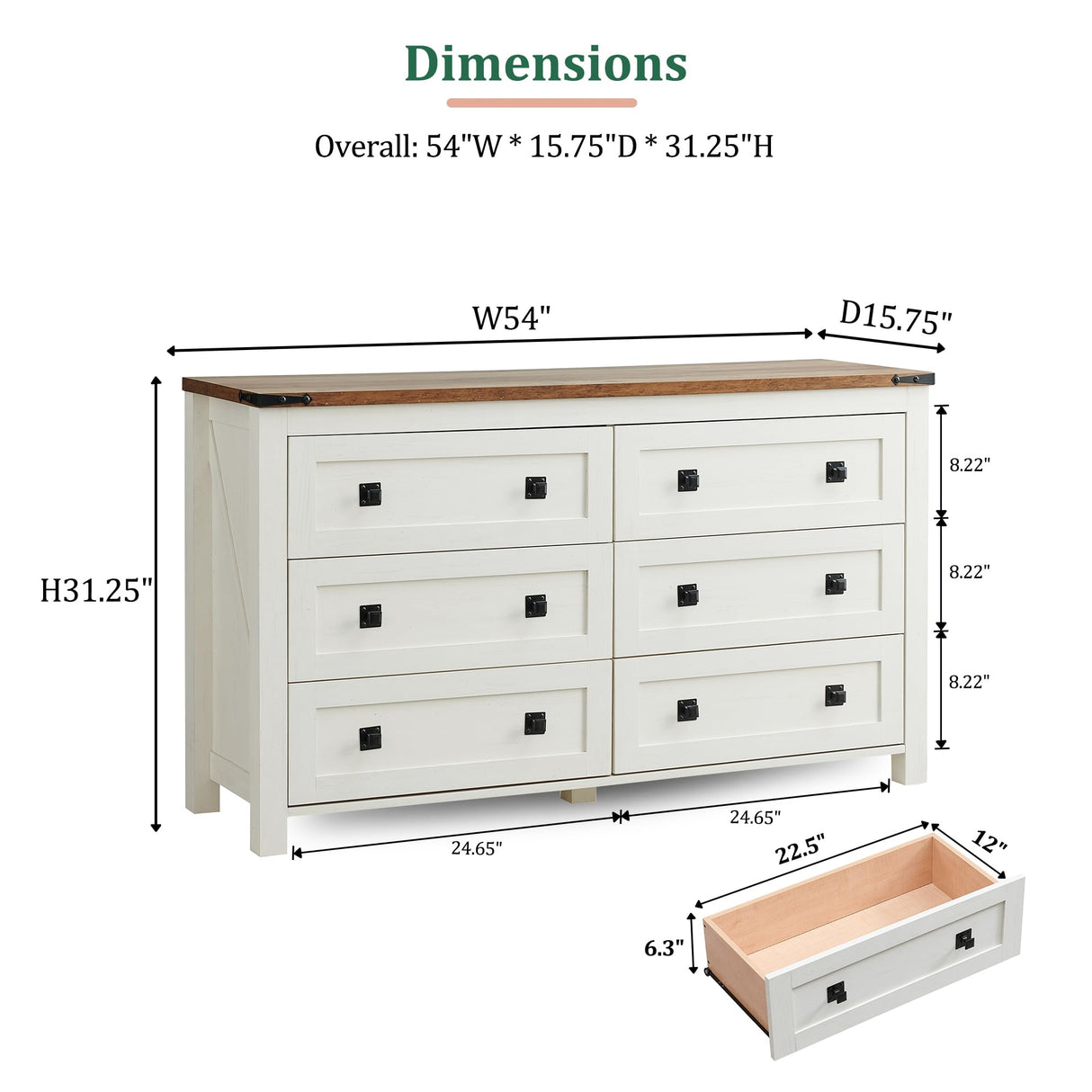 RedLemon 6 Drawer Dresser for Bedroom, Farmhouse 54 Inch Wide Rustic Wood Dresser TV Stand, Dresser Chest of Drawers for Closet, Living Room, Hallway, Antique White RedLemon